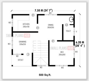 500 Sq.ft. 1 Bedroom Single Floor House Plan and Elevation