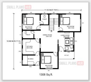 1308 Sq.ft. 3 Bedroom Single Floor House Plan