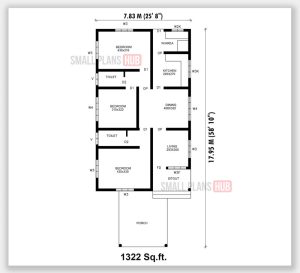 1322 Sq.ft. 3 Bedroom Single Floor House Plan