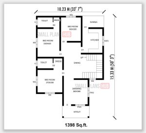 1398 Sq.ft. 3 Bedroom Single Floor House Plan